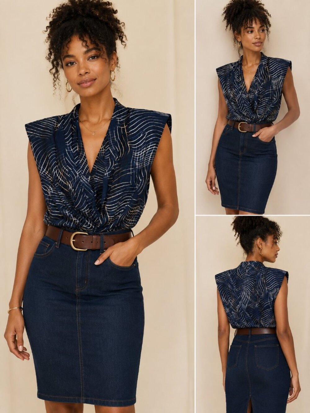 RACHEL Rachel Roy Navy & White Twist-Waist Sleeveless Blouse